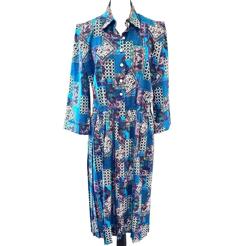 Vintage 80s Schrader Petite Dress Womens 14P Paisley Patchwork Shirtdress Midi
